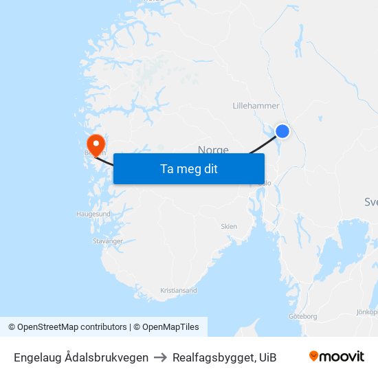 Engelaug Ådalsbrukvegen to Realfagsbygget, UiB map