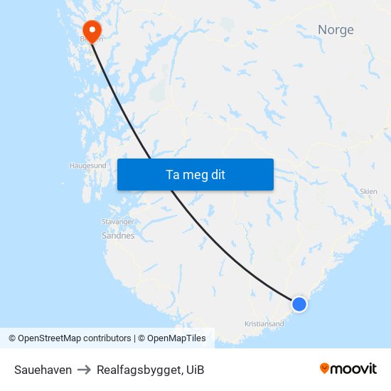 Sauehaven to Realfagsbygget, UiB map