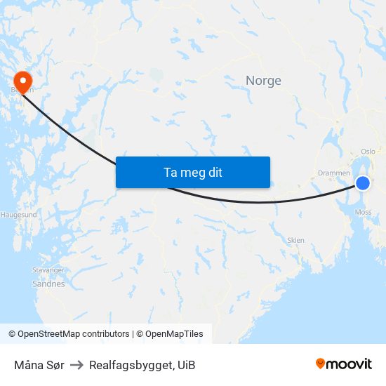 Måna Sør to Realfagsbygget, UiB map