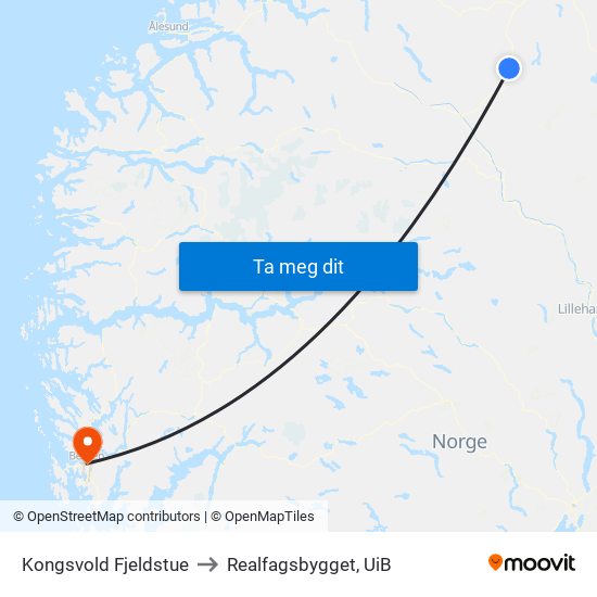 Kongsvold Fjeldstue to Realfagsbygget, UiB map