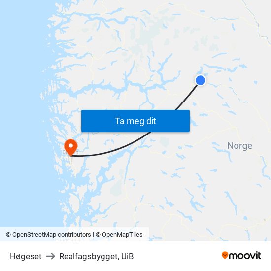 Høgeset to Realfagsbygget, UiB map