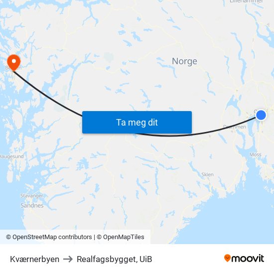 Kværnerbyen to Realfagsbygget, UiB map