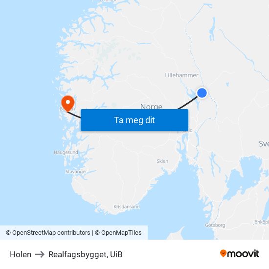 Holen to Realfagsbygget, UiB map