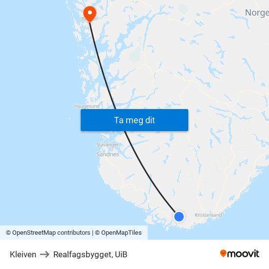 Kleiven to Realfagsbygget, UiB map