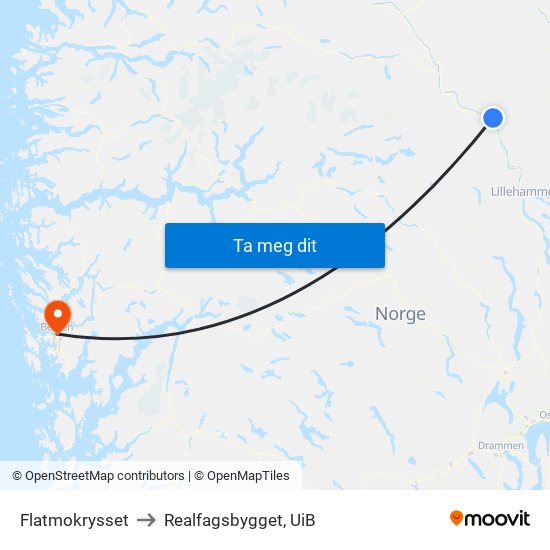 Flatmokrysset to Realfagsbygget, UiB map