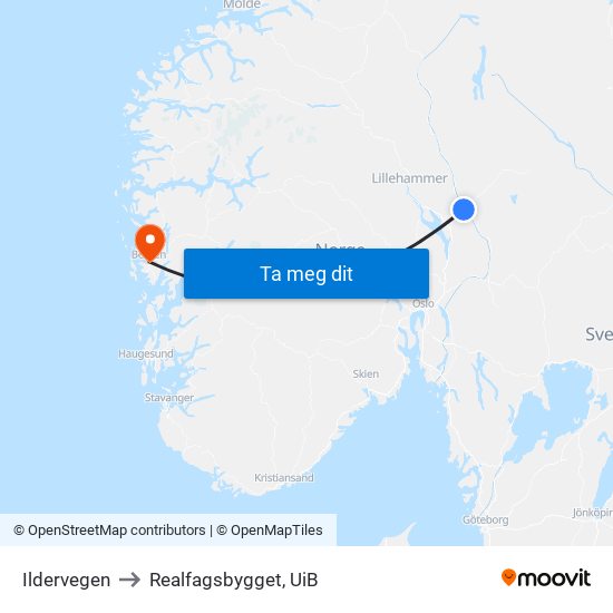 Ildervegen to Realfagsbygget, UiB map