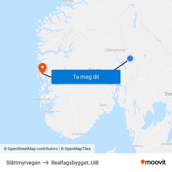 Slåttmyrvegen to Realfagsbygget, UiB map