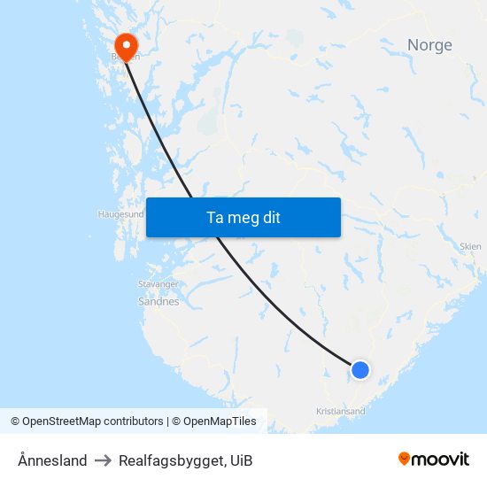 Ånnesland to Realfagsbygget, UiB map
