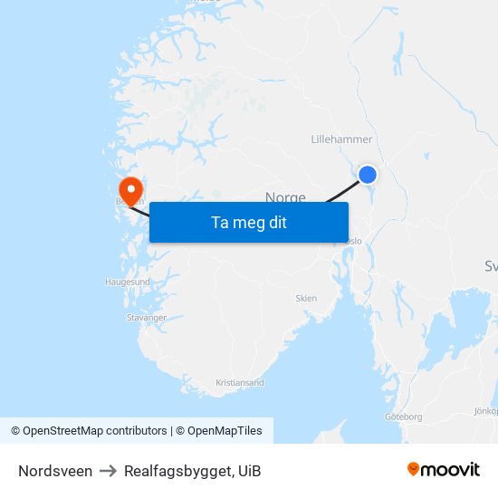 Nordsveen to Realfagsbygget, UiB map