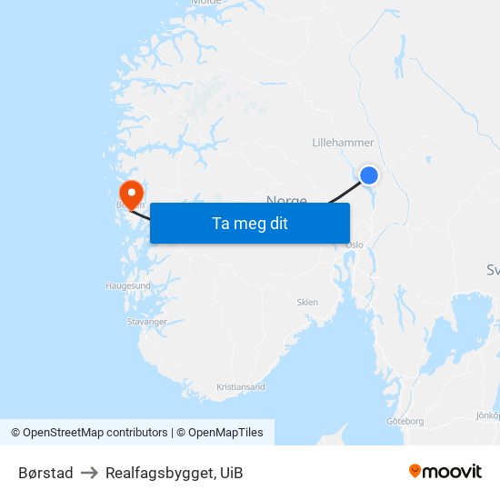 Børstad to Realfagsbygget, UiB map