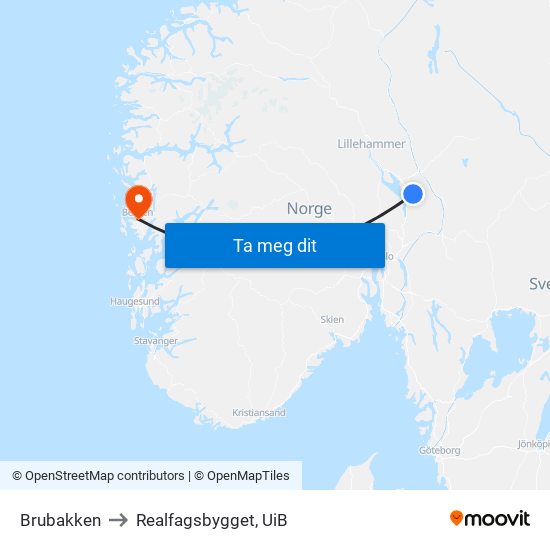 Brubakken to Realfagsbygget, UiB map