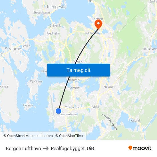 Bergen Lufthavn to Realfagsbygget, UiB map