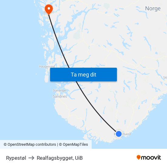 Rypestøl to Realfagsbygget, UiB map