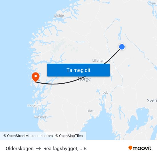 Olderskogen to Realfagsbygget, UiB map