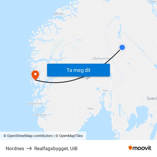 Nordnes to Realfagsbygget, UiB map