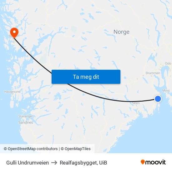 Gulli Undrumveien to Realfagsbygget, UiB map