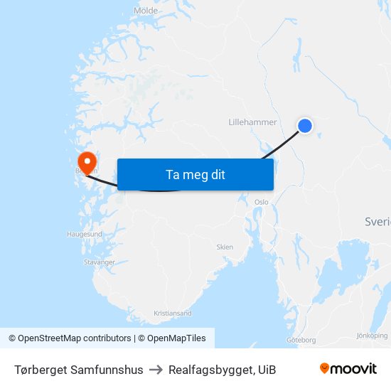 Tørberget Samfunnshus to Realfagsbygget, UiB map