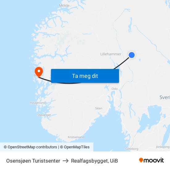 Osensjøen Turistsenter to Realfagsbygget, UiB map