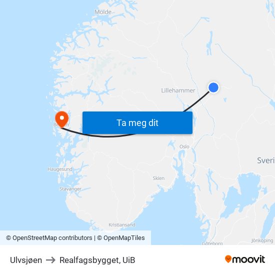 Ulvsjøen to Realfagsbygget, UiB map