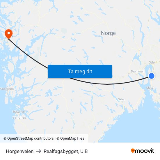 Horgenveien to Realfagsbygget, UiB map