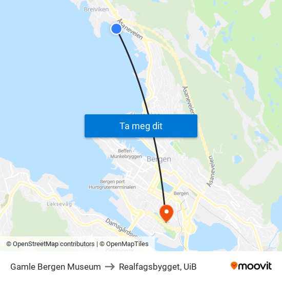 Gamle Bergen Museum to Realfagsbygget, UiB map