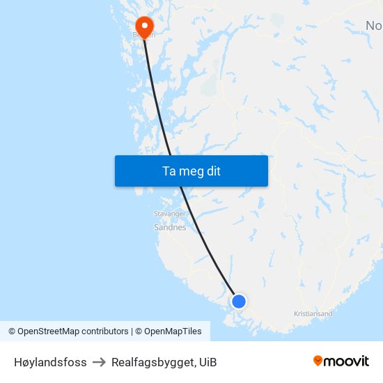 Høylandsfoss to Realfagsbygget, UiB map