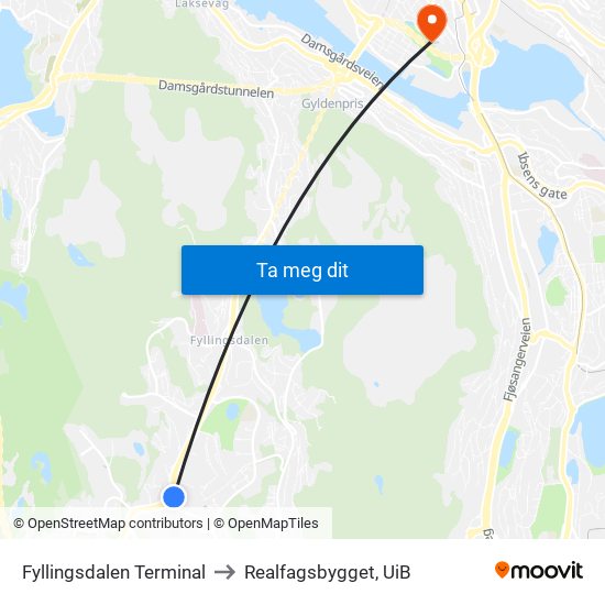 Fyllingsdalen Terminal to Realfagsbygget, UiB map