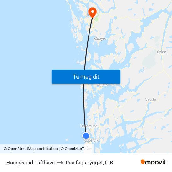 Haugesund Lufthavn to Realfagsbygget, UiB map