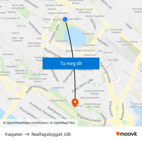 Kaigaten to Realfagsbygget, UiB map