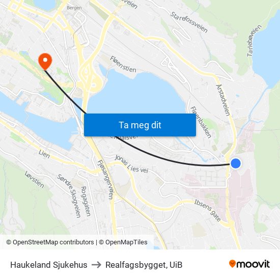 Haukeland Sjukehus to Realfagsbygget, UiB map