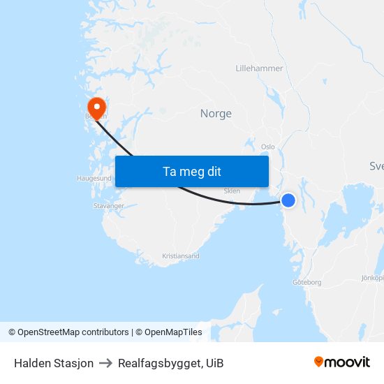 Halden Stasjon to Realfagsbygget, UiB map