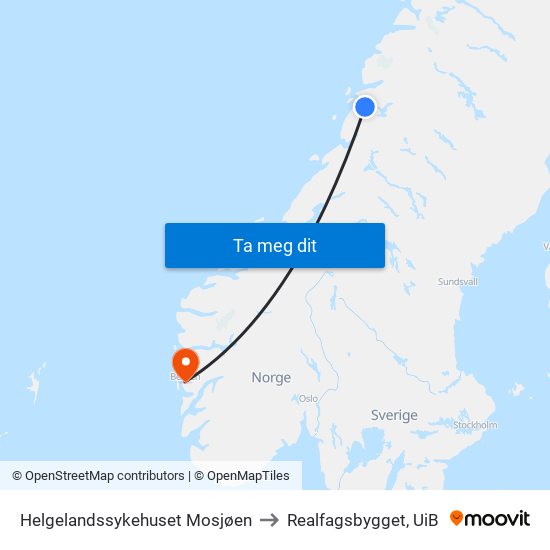 Helgelandssykehuset Mosjøen to Realfagsbygget, UiB map