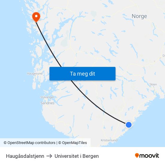 Haugåsdalstjenn to Universitet i Bergen map