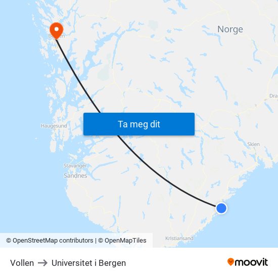 Vollen to Universitet i Bergen map