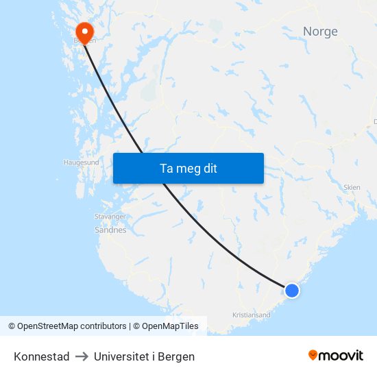 Konnestad to Universitet i Bergen map