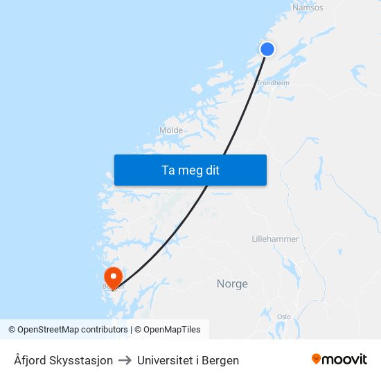 Åfjord Skysstasjon to Universitet i Bergen map