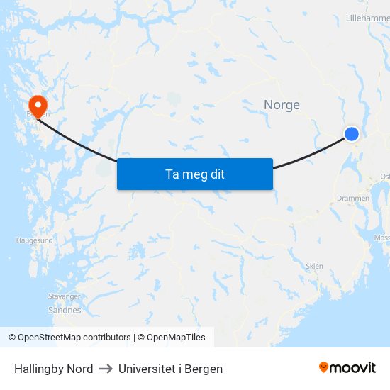 Hallingby Nord to Universitet i Bergen map