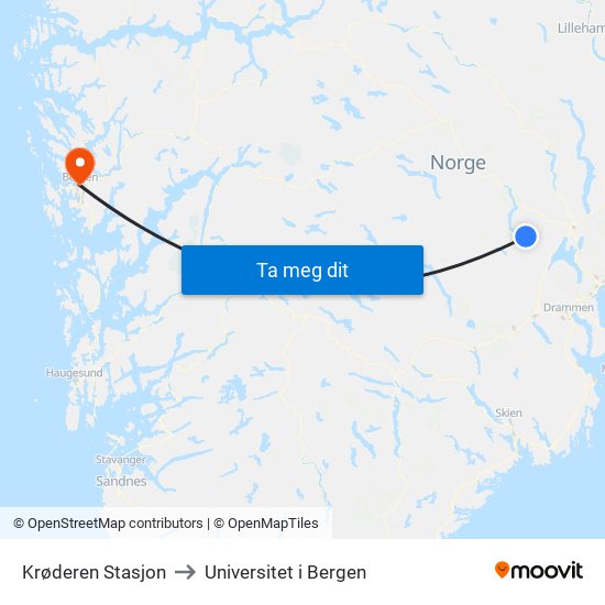 Krøderen Stasjon to Universitet i Bergen map