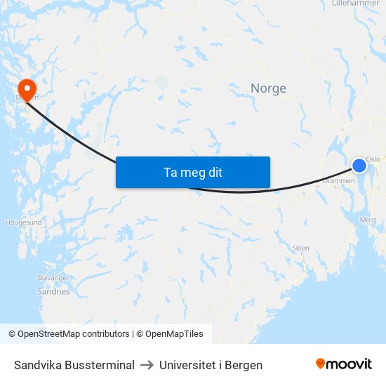 Sandvika Bussterminal to Universitet i Bergen map