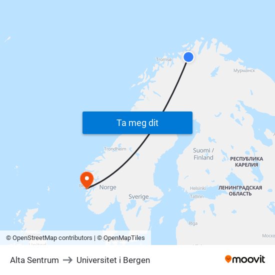 Alta Sentrum to Universitet i Bergen map