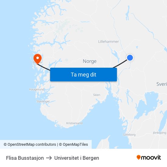 Flisa Busstasjon to Universitet i Bergen map