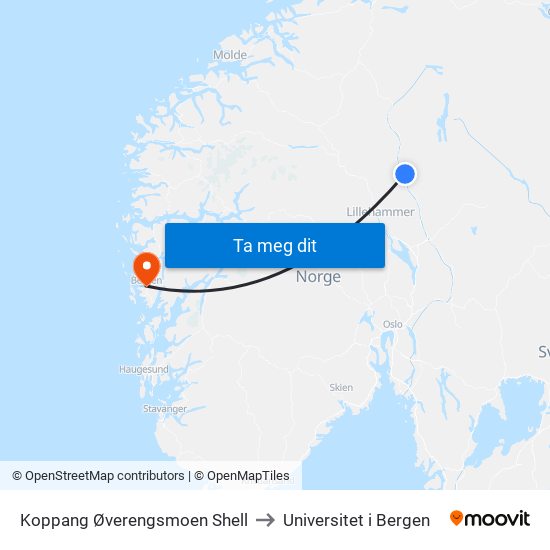 Koppang Øverengsmoen Shell to Universitet i Bergen map