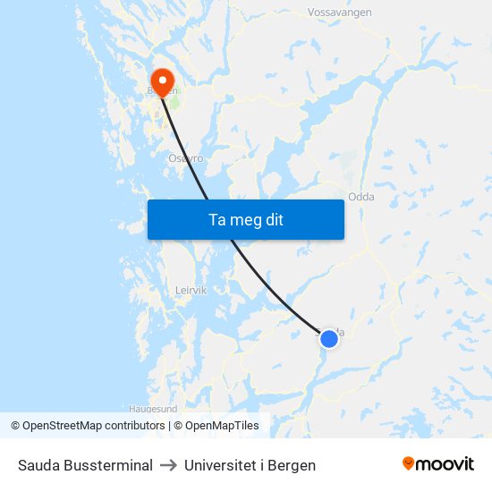 Sauda Bussterminal to Universitet i Bergen map