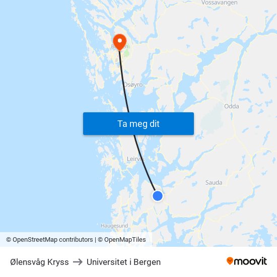 Ølensvåg Kryss to Universitet i Bergen map