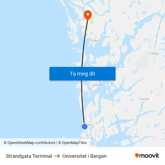 Strandgata Terminal to Universitet i Bergen map