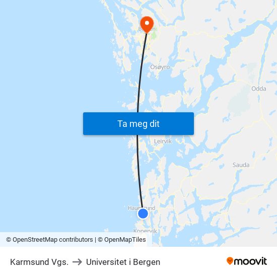 Karmsund Vgs. to Universitet i Bergen map