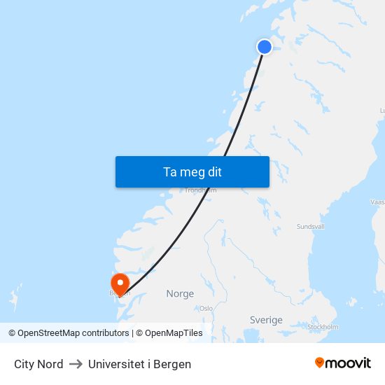 City Nord to Universitet i Bergen map
