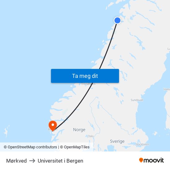 Mørkved to Universitet i Bergen map