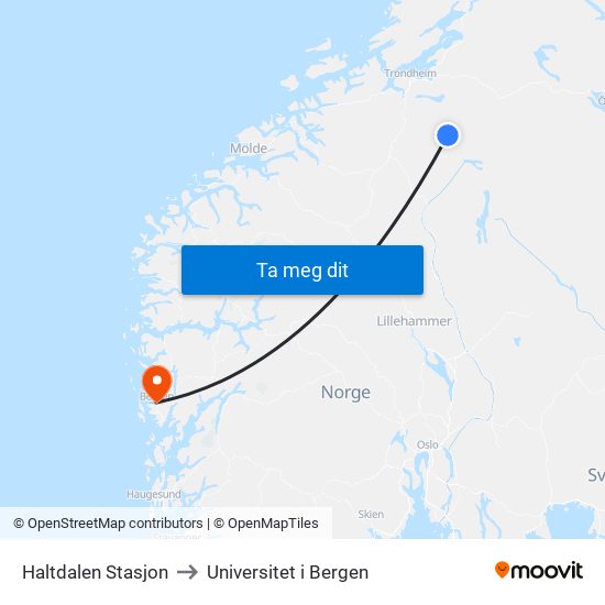 Haltdalen Stasjon to Universitet i Bergen map