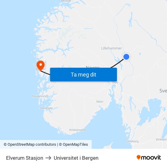 Elverum Stasjon to Universitet i Bergen map